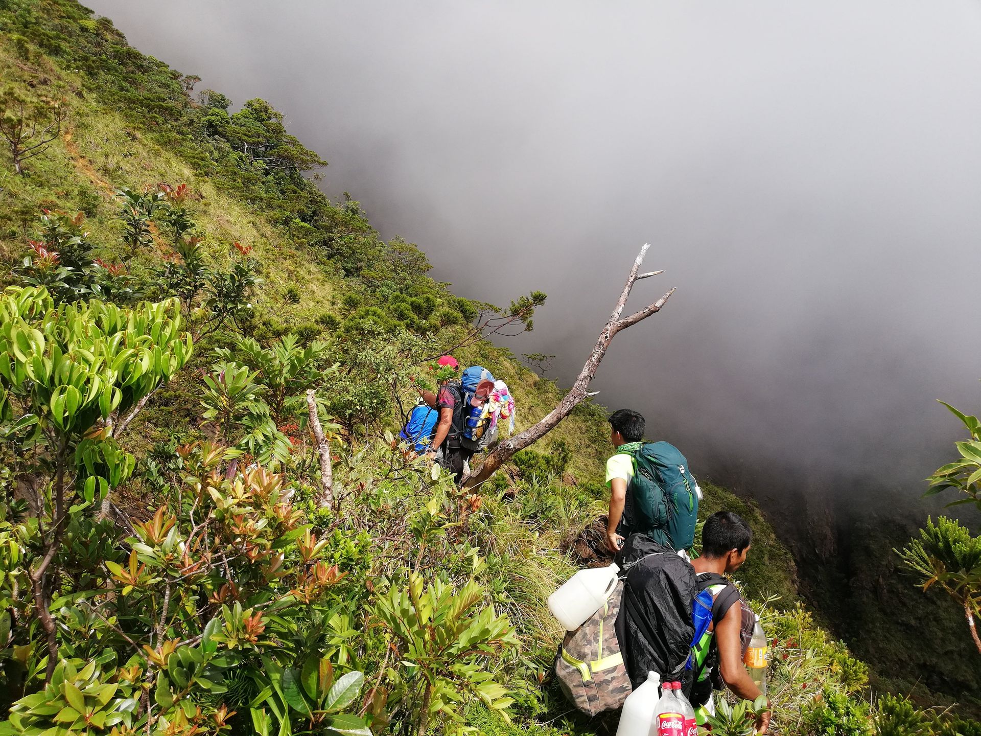 Tribu Siga hikers traversing a cloud-covered ridge